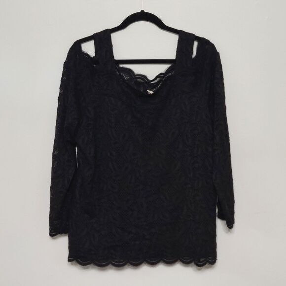 Chico's Black Cold Shoulder Poplin Sleeve Knit Top Size 3 XL/16-18 - Picture 2 of 5